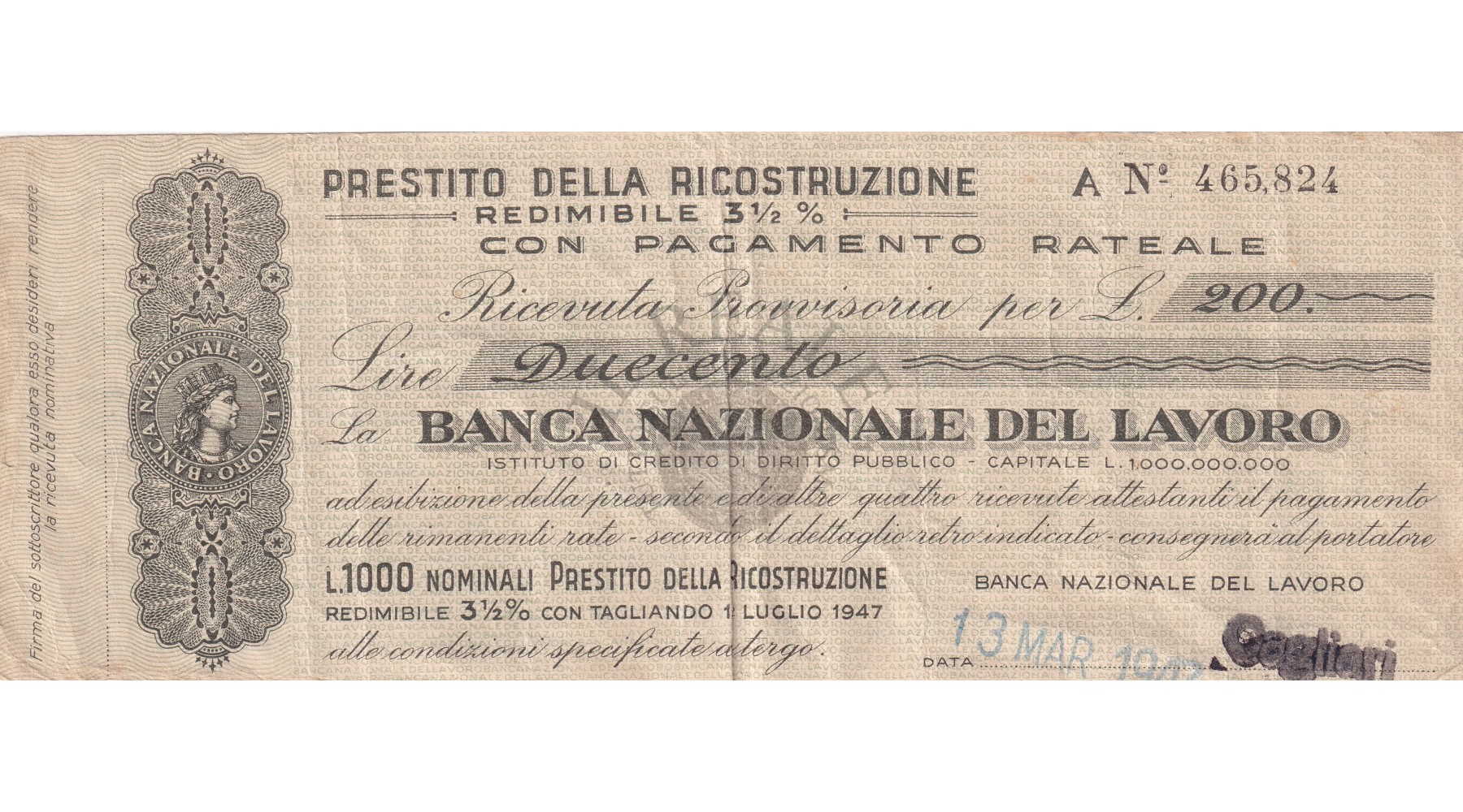 200 LIRE  BANCA NAZIONALE DEL LAVORO 13 MARZO 1947